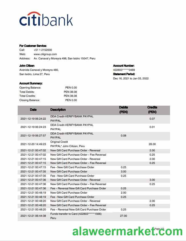 Peru Citibank bank statement